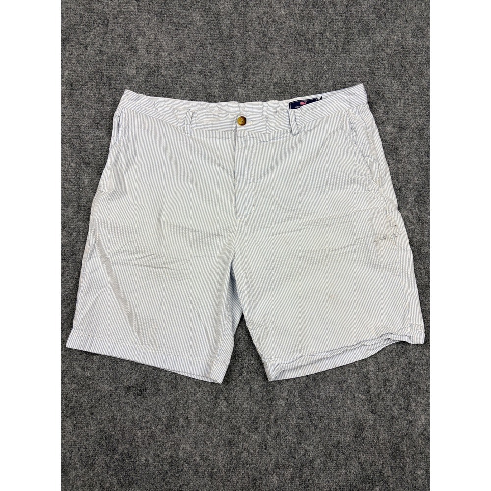 Vineyard Vines M 40 Seersucker Shorts Blue Wht Striped Cotton Stretch 9in- FLAWS
